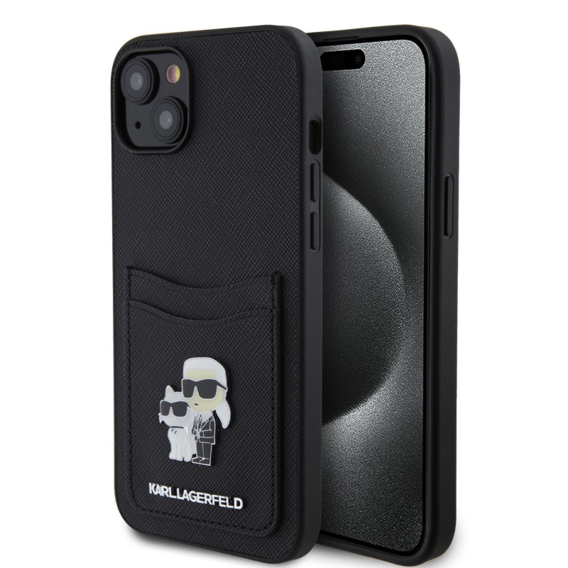 Karl Lagerfeld PU Saffiano Card Slot Metal Karl and Choupette Case for iPhone 15 black