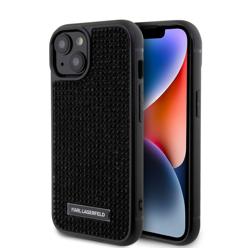 Karl Lagerfeld Rhinestone Plate Metal Logo pouzdro pro iPhone 15 černá