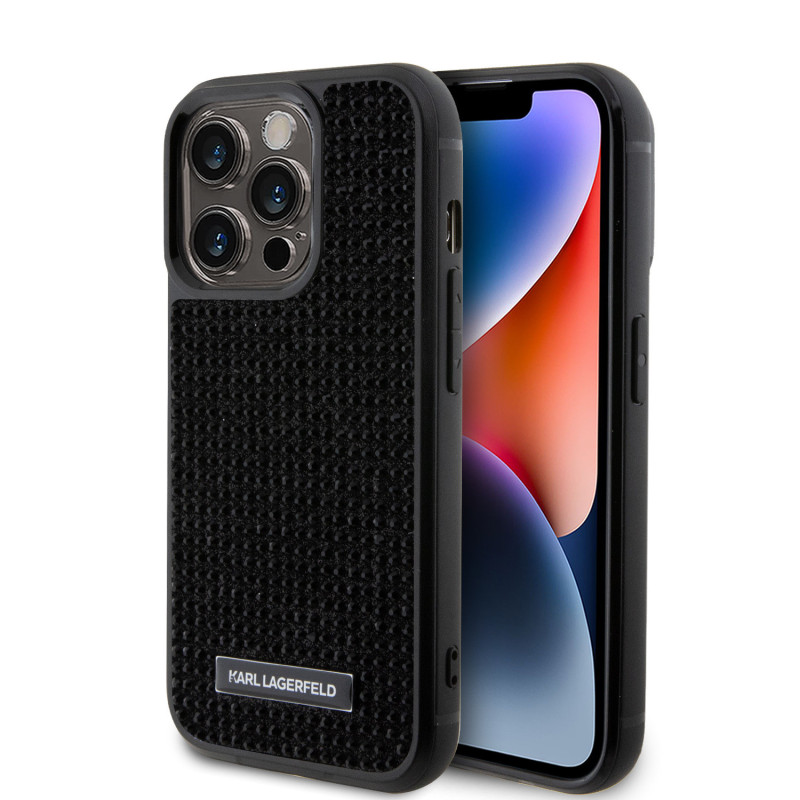 Karl Lagerfeld Rhinestone Plate Metal Logo Case for iPhone 15 Pro schwarz