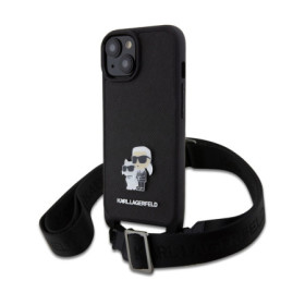 Karl Lagerfeld Saffiano Crossbody Metal Karl and Choupette Case for iPhone 15 Plus black