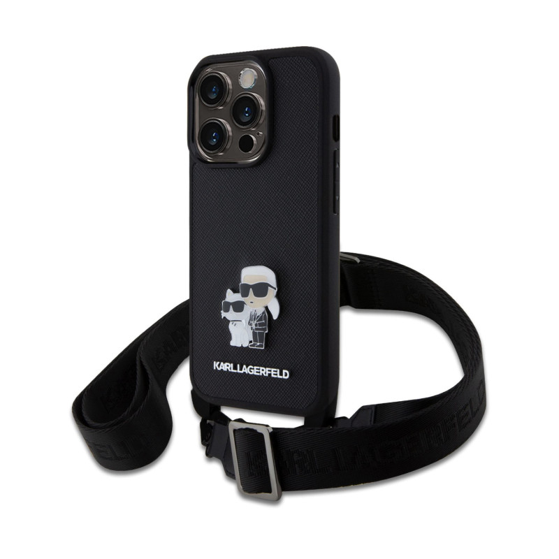 Karl Lagerfeld Saffiano Crossbody Metal Karl and Choupette Case for iPhone 15 Pro black