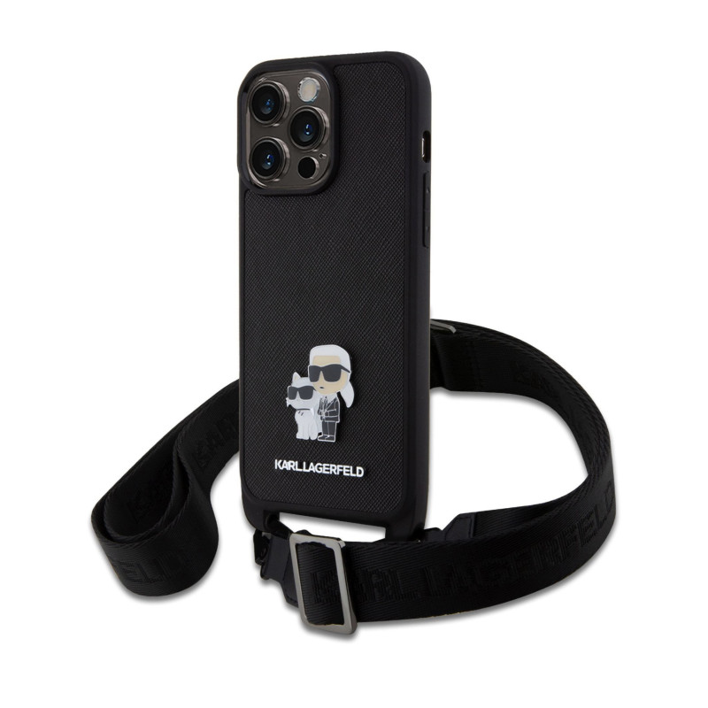 Karl Lagerfeld Saffiano Crossbody Metal Karl and Choupette pouzdro pro iPhone 15 Pro Max černá
