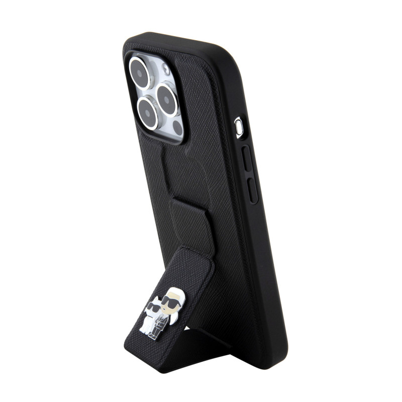 Karl Lagerfeld Saffiano Grip Stand Metal Logo pouzdro pro iPhone 15 Pro Max černá