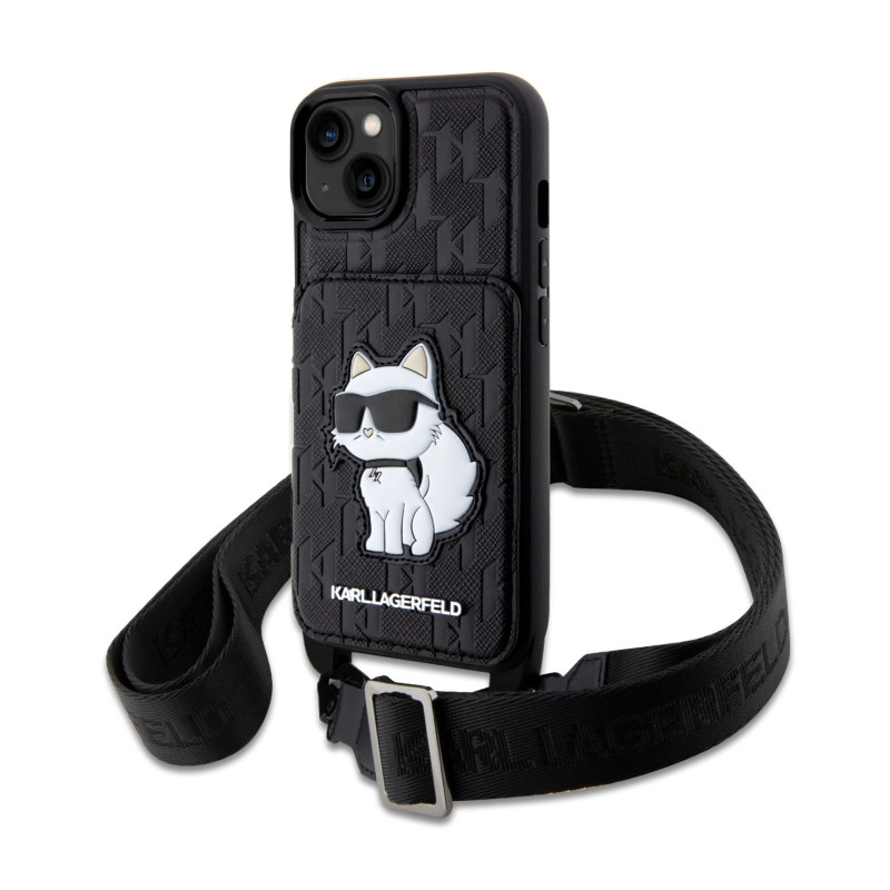 Karl Lagerfeld Saffiano Monogram Crossbody Choupette NFT Case for iPhone 14 schwarz