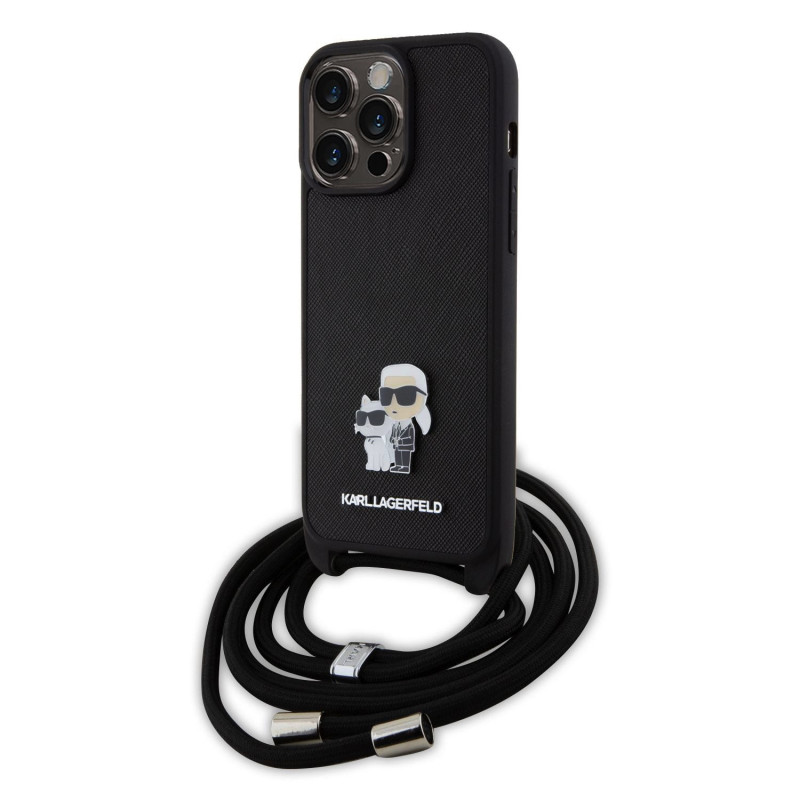 Karl Lagerfeld Saffiano Nylon Crossbody Metal Karl and Choupette Case for iPhone 15 Pro Max schwarz