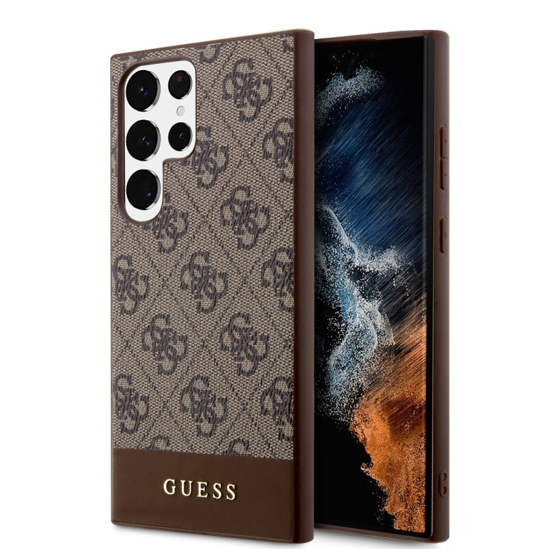 Guess PU 4G Stripe pouzdro pro Samsung Galaxy S24 Ultra hnědá