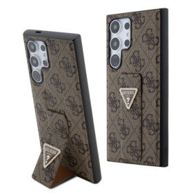 Guess PU Grip Stand 4G Strass Triangle Metal Logo Zadní Kryt pro Samsung Galaxy S24 Ultra hnědá