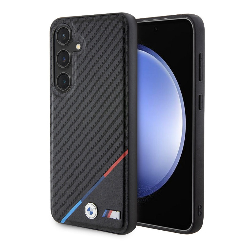 BMW M PU Leather Carbon Magsafe Tricolor Line puzdro pre Samsung Galaxy S24 čierna