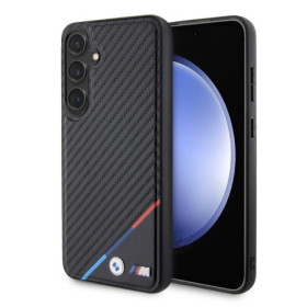 BMW M PU Leather Carbon Magsafe Tricolor Line Case for Samsung Galaxy S24+ black