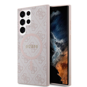 Guess PU bőr 4G színes gyűrűs MagSafe tok Samsung Galaxy S24 Ultra telefonhoz rózsaszín