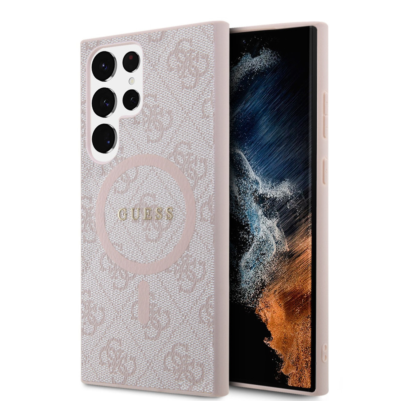Guess PU Leather 4G Colo Ring MagSafe Zadní Kryt pro Samsung Galaxy S24 Ultra růžová