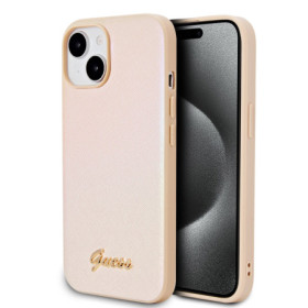 Guess PU Leather Iridescent Metal Script Case for iPhone 15 Gold gold