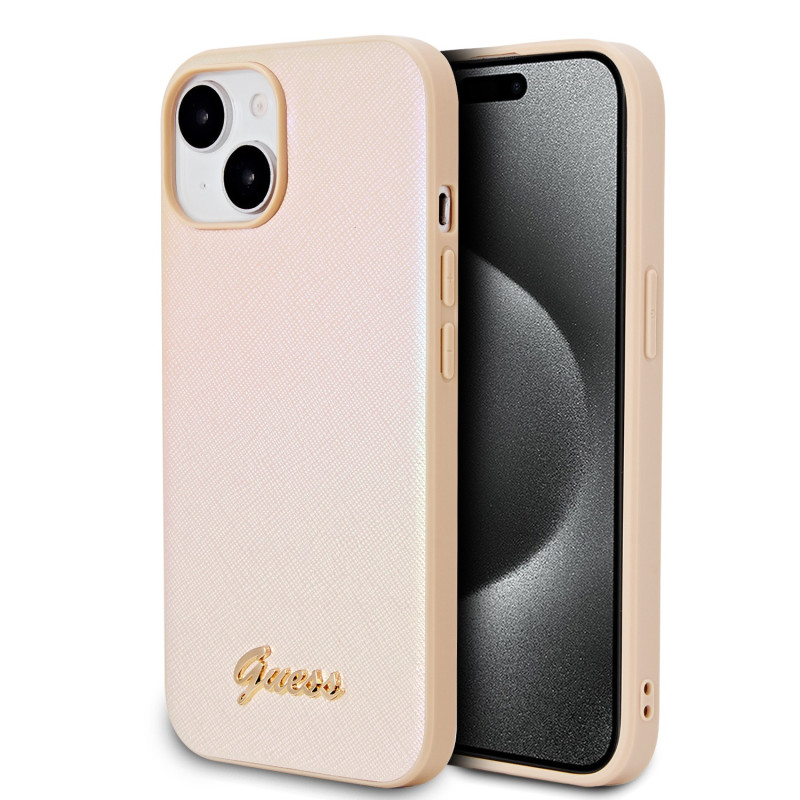 Guess PU Leather Iridescent Metal Script Zadní Kryt pro iPhone 15 Gold zlatá