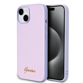Guess PU Leather Iridescent Metal Script Case for iPhone 15 violett