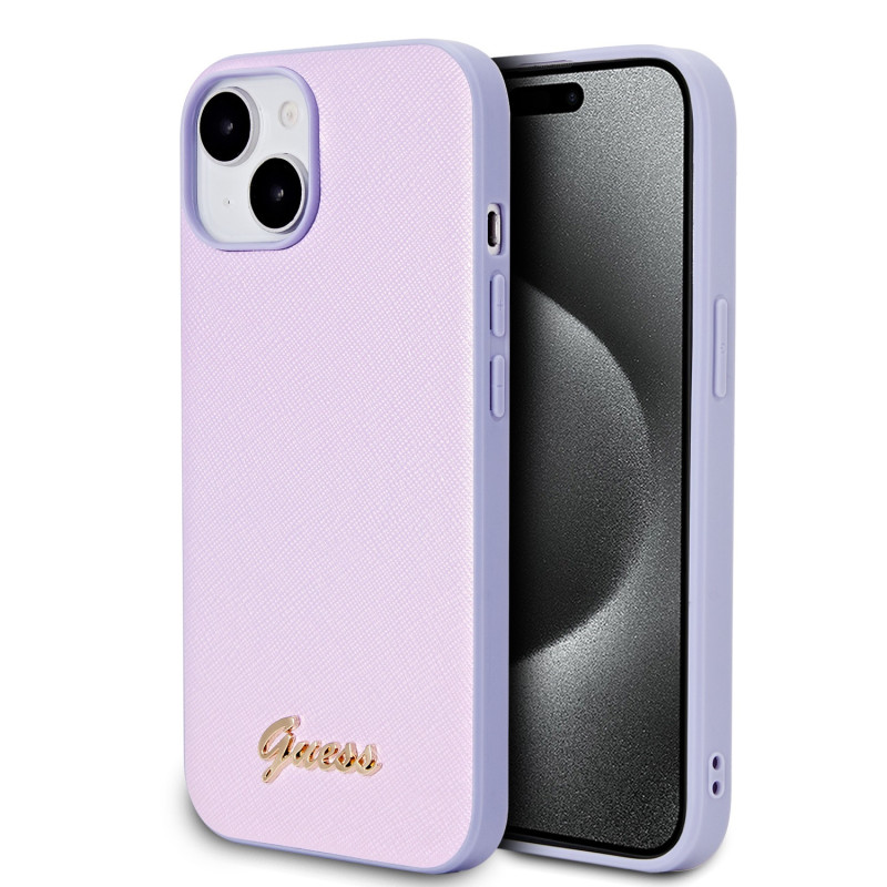 Guess PU Leather Iridescent Metal Script Case for iPhone 15 violett