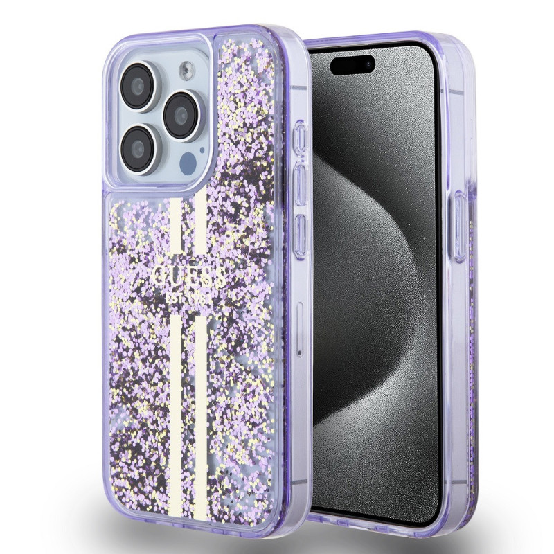 Guess PC/TPU Liquid Glitter Gold Stripe Case for iPhone 15 Pro violett