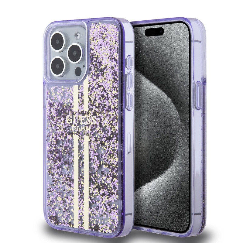 Guess PC/TPU Liquid Glitter Gold Stripe Case for iPhone 15 Pro Max violet