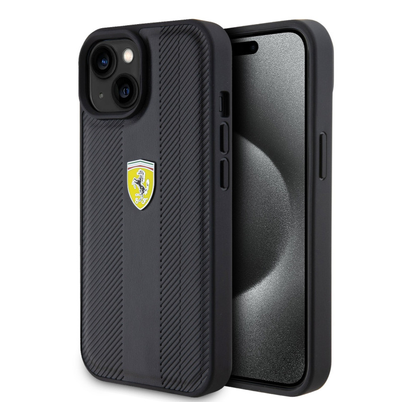 Ferrari PU Leather Hot Stamp Groove Pattern Zadní Kryt pro iPhone 15 černá