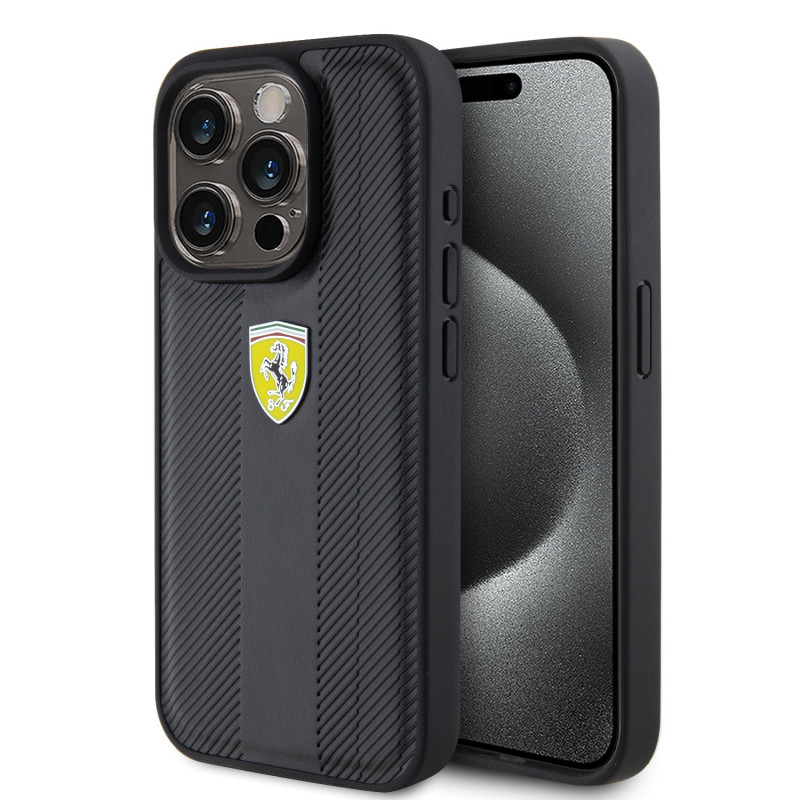 Ferrari PU Leather Hot Stamp Groove Pattern Case for iPhone 15 Pro schwarz