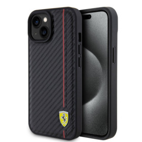 Ferrari PU Leather Carbon Vertical Line Zadní Kryt pro iPhone 15 černá