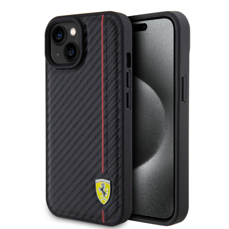 Ferrari PU Leather Carbon Vertical Line Case for iPhone 15 black