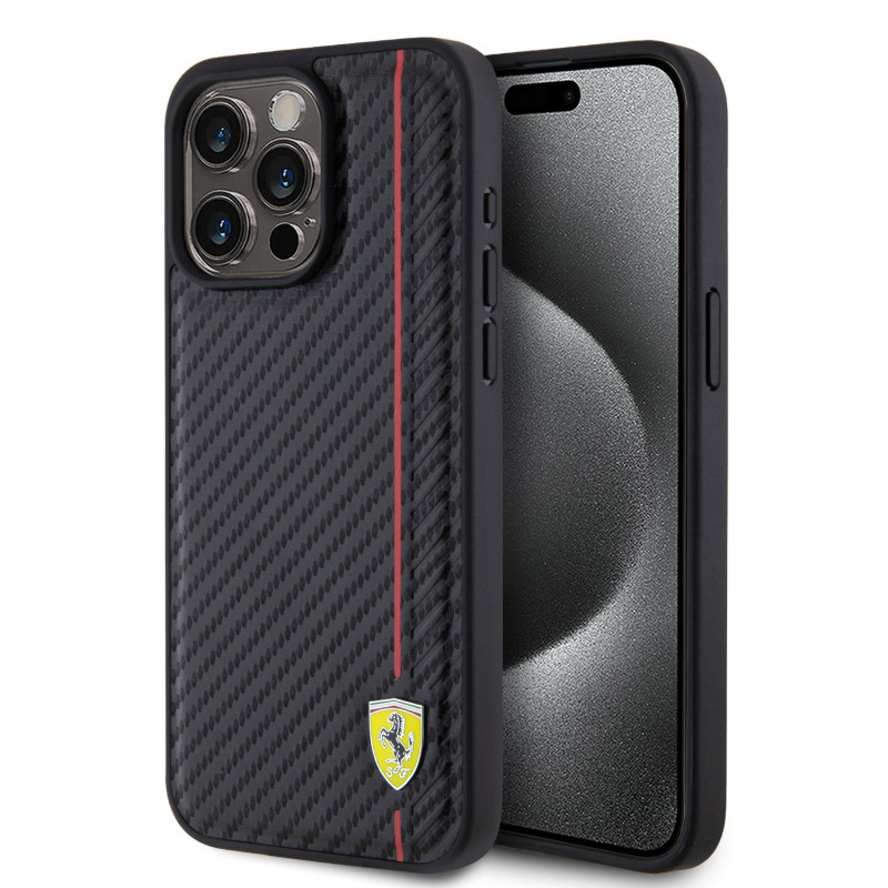 Ferrari PU Leather Carbon Vertical Line Case for iPhone 15 Pro Max schwarz