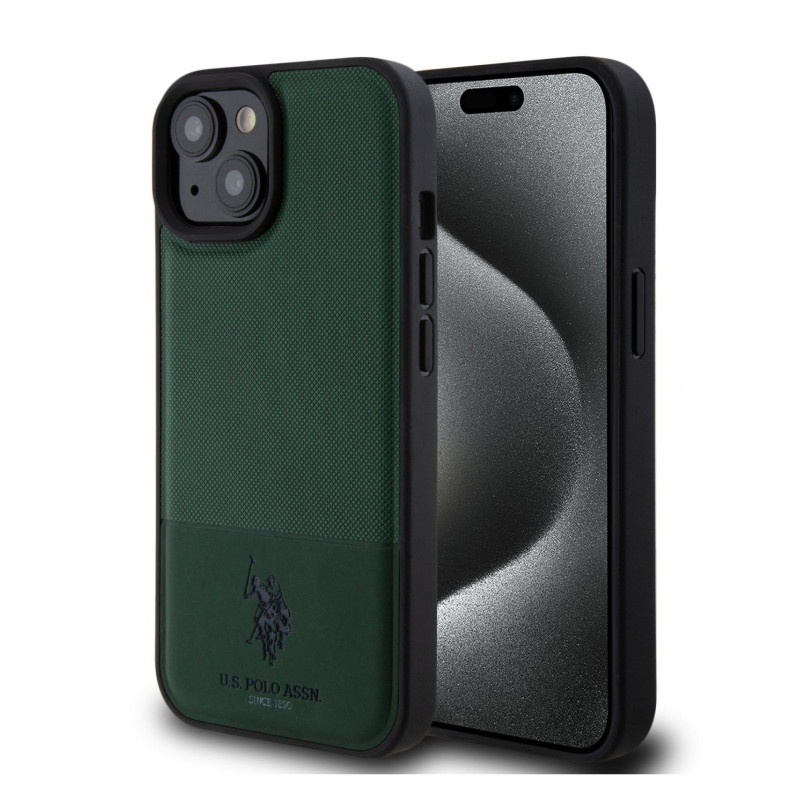 Apple iPhone 15 U.S. Polo PU Leather Mesh Pattern Double Horse pouzdro zelená