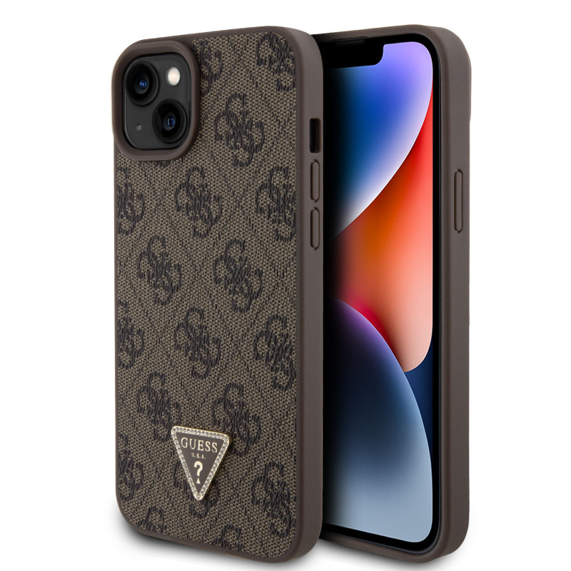 Apple iPhone 15 Plus Guess PU 4G Strass Triangle Metal Logo pouzdro hnědá