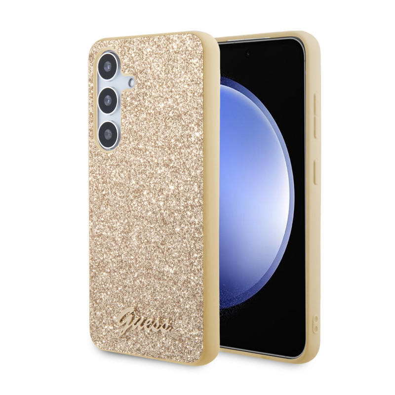 Samsung Galaxy S24 Guess PC/TPU Glitter Flakes Metal Logo pouzdro zlatá
