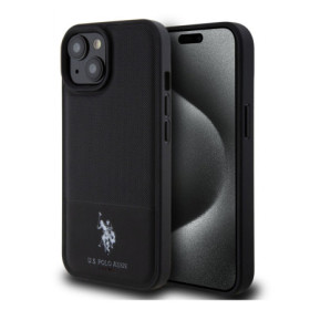Apple iPhone 15 U.S. Polo PU Leather Mesh Pattern Double Horse Case schwarz
