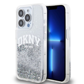DKNY Liquid Glitter Arch Logo pouzdro pro iPhone 15 Pro transparentní