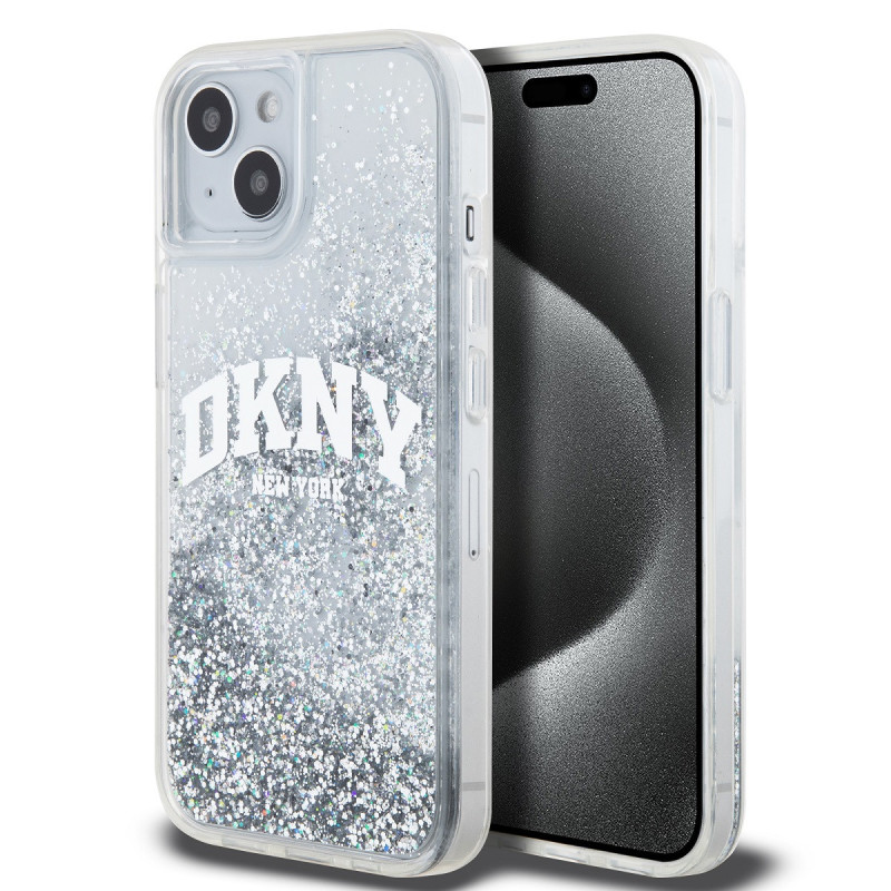 DKNY Liquid Glitter Arch Logo pouzdro pro iPhone 15 transparentní