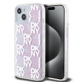 DKNY Liquid Glitter Checkered Pattern Case for iPhone 15 pink