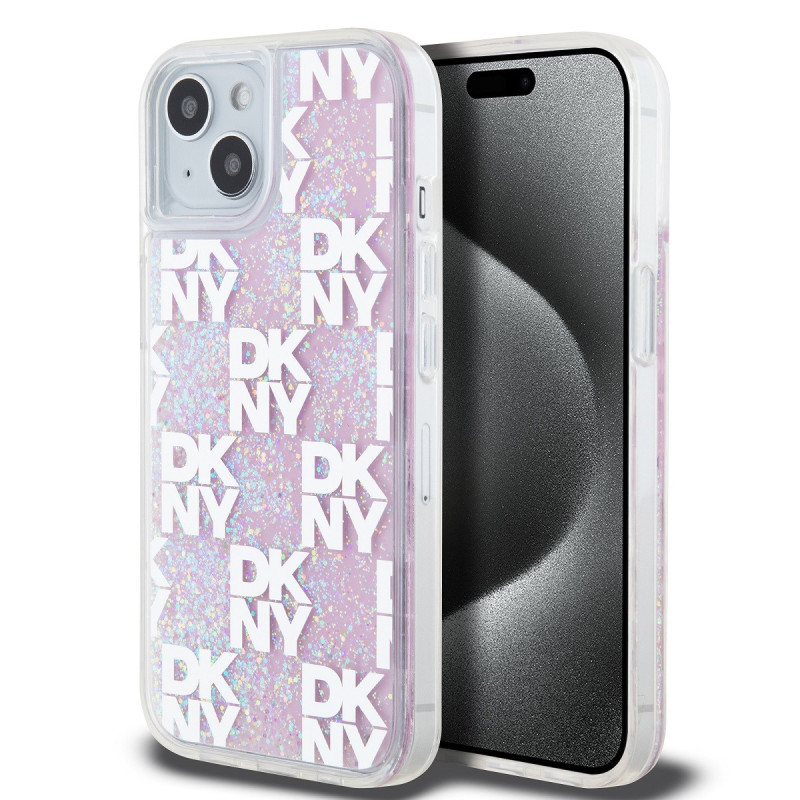 DKNY Liquid Glitter Checkered Pattern Fall für iPhone 15 pink