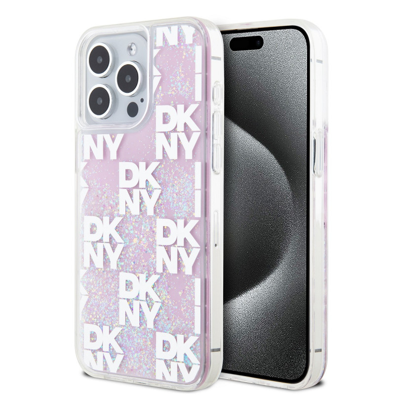 DKNY Liquid Glitter Checkered Pattern pouzdro pro iPhone 15 Pro Max růžová