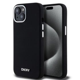 DKNY Liquid Silicone Silver Metal Logo Magsafe puzdro pre iPhone 15 čierna