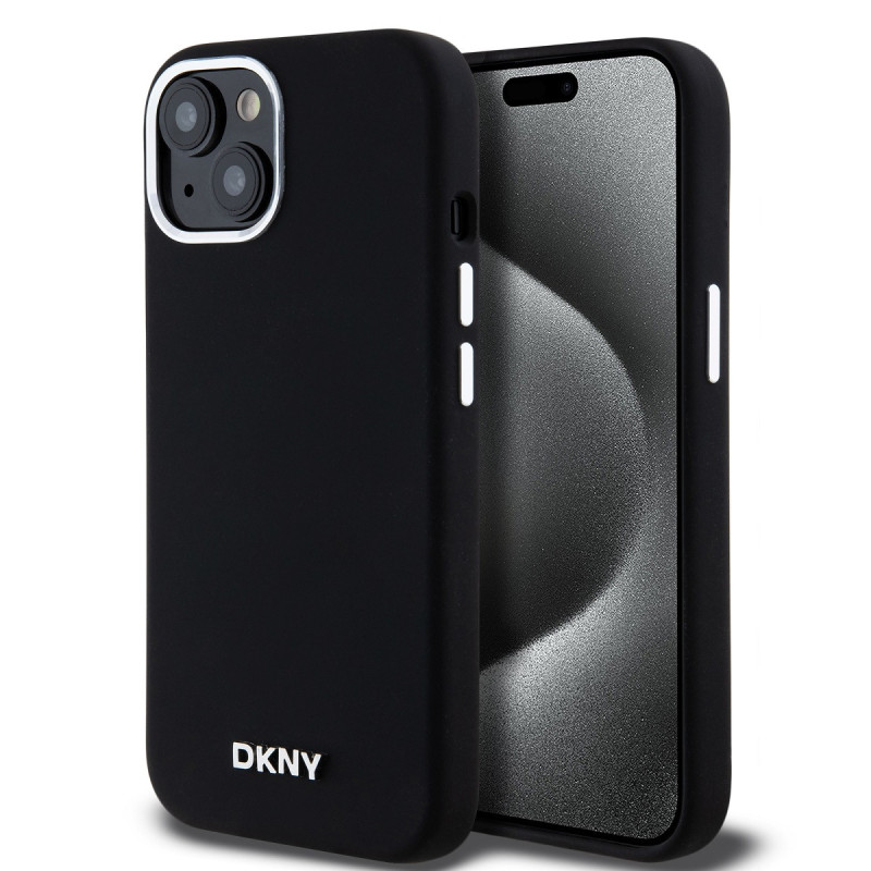 DKNY Liquid Silicone Silver Metal Logo Magsafe Case for iPhone 15 black