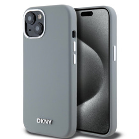 DKNY Liquid Silicone Silver Metal Logo Magsafe Case for iPhone 15 gray