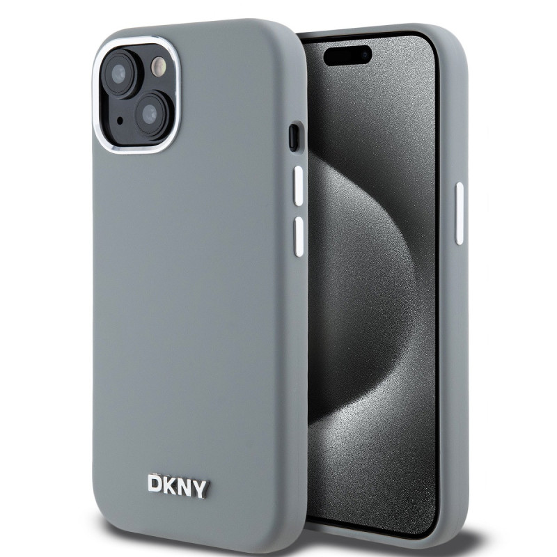 DKNY Liquid Silicone Silver Metal Logo Magsafe pouzdro pro iPhone 15 šedá