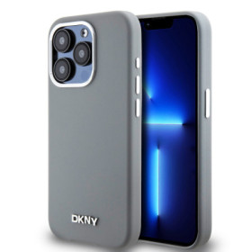 DKNY Liquid Silicone Silver Metal Logo Magsafe ügyében iPhone 15 Pro szürke