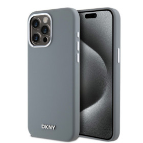 DKNY Liquid Silicone Silver Metal Logo Magsafe Fall für iPhone 15 Pro Max grau