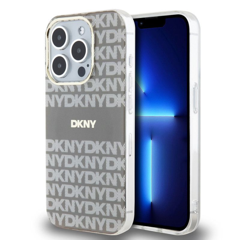 DKNY PC/TPU Repeat Pattern Tonal Stripe Magsafe ügyében iPhone 15 Pro beige