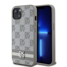DKNY PU Leather Checkered Pattern and Stripe pouzdro pro iPhone 13 béžová