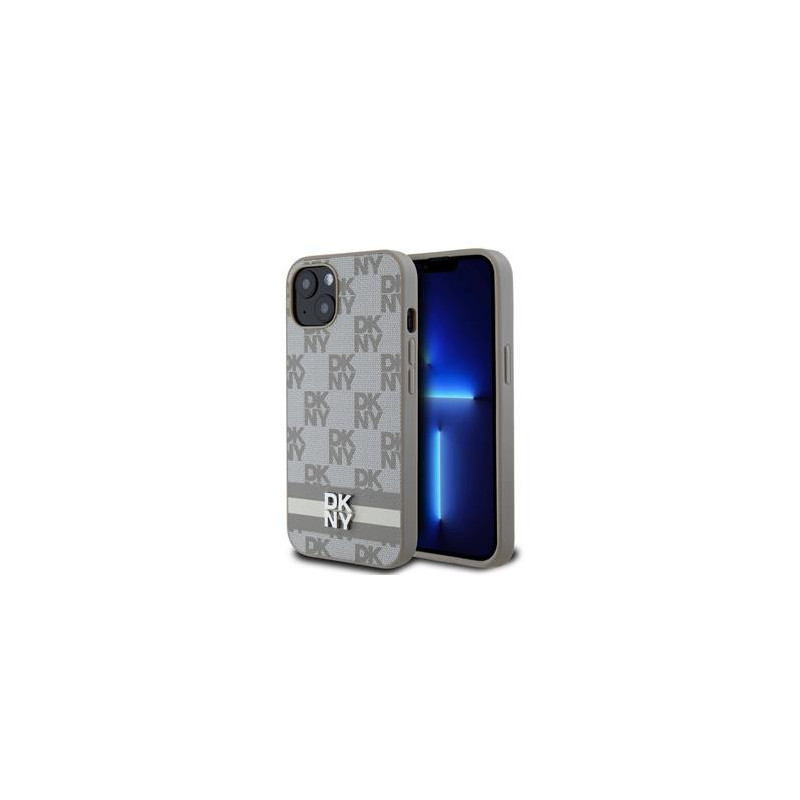 DKNY PU Leather Checkered Pattern and Stripe Fall für iPhone 13 beige