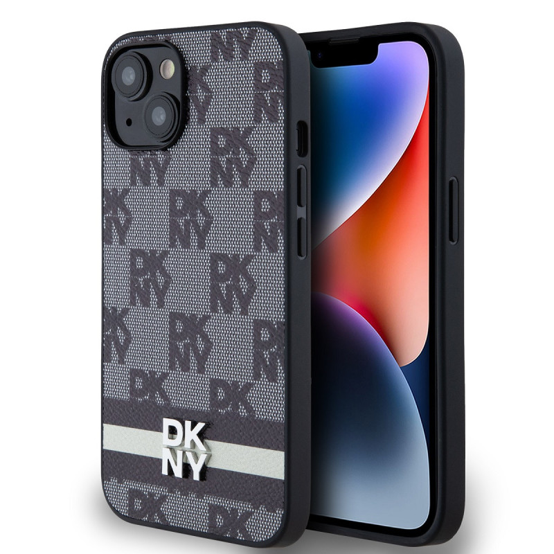 DKNY PU Leather Checkered Pattern and Stripe pouzdro pro iPhone 13 černá