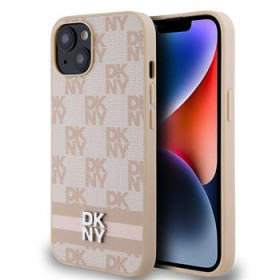 DKNY PU Leather Checkered Pattern and Stripe Case for iPhone 13 pink