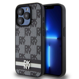 DKNY PU Leather Checkered Pattern and Stripe ügyében iPhone 13 Pro Max fekete
