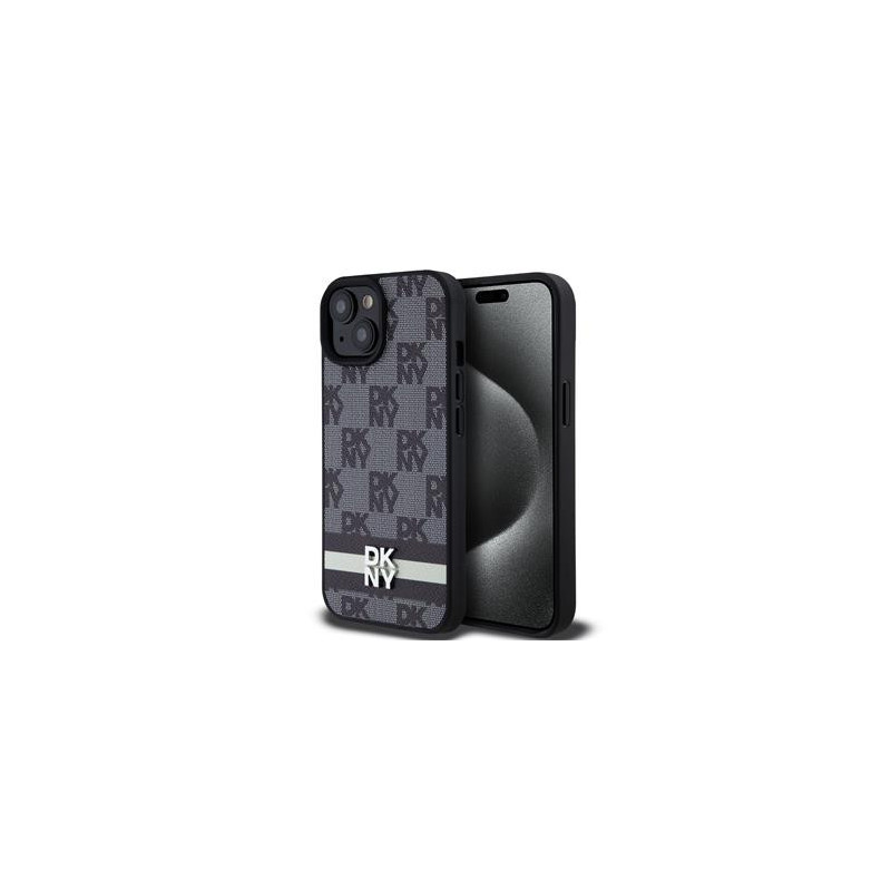 DKNY PU Leather Checkered Pattern and Stripe Case for iPhone 15 black
