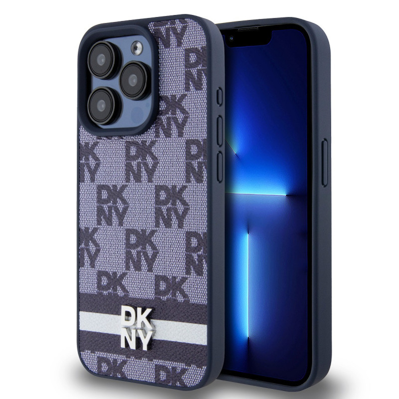 DKNY PU Leather Checkered Pattern and Stripe Case for iPhone 15 Pro blue