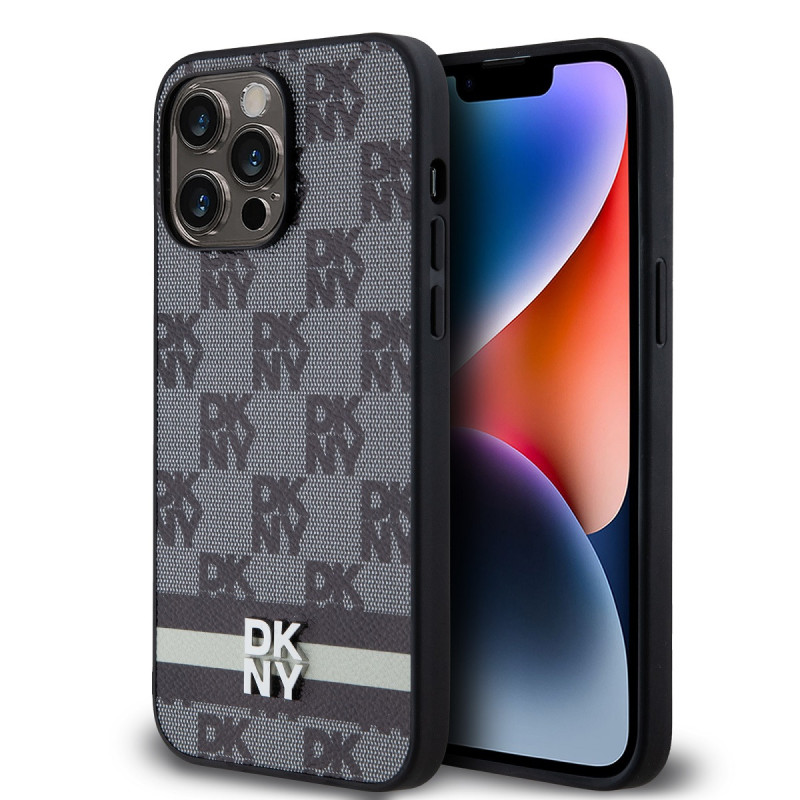 DKNY PU Leather Checkered Pattern and Stripe Fall für iPhone 15 Pro Max schwarz